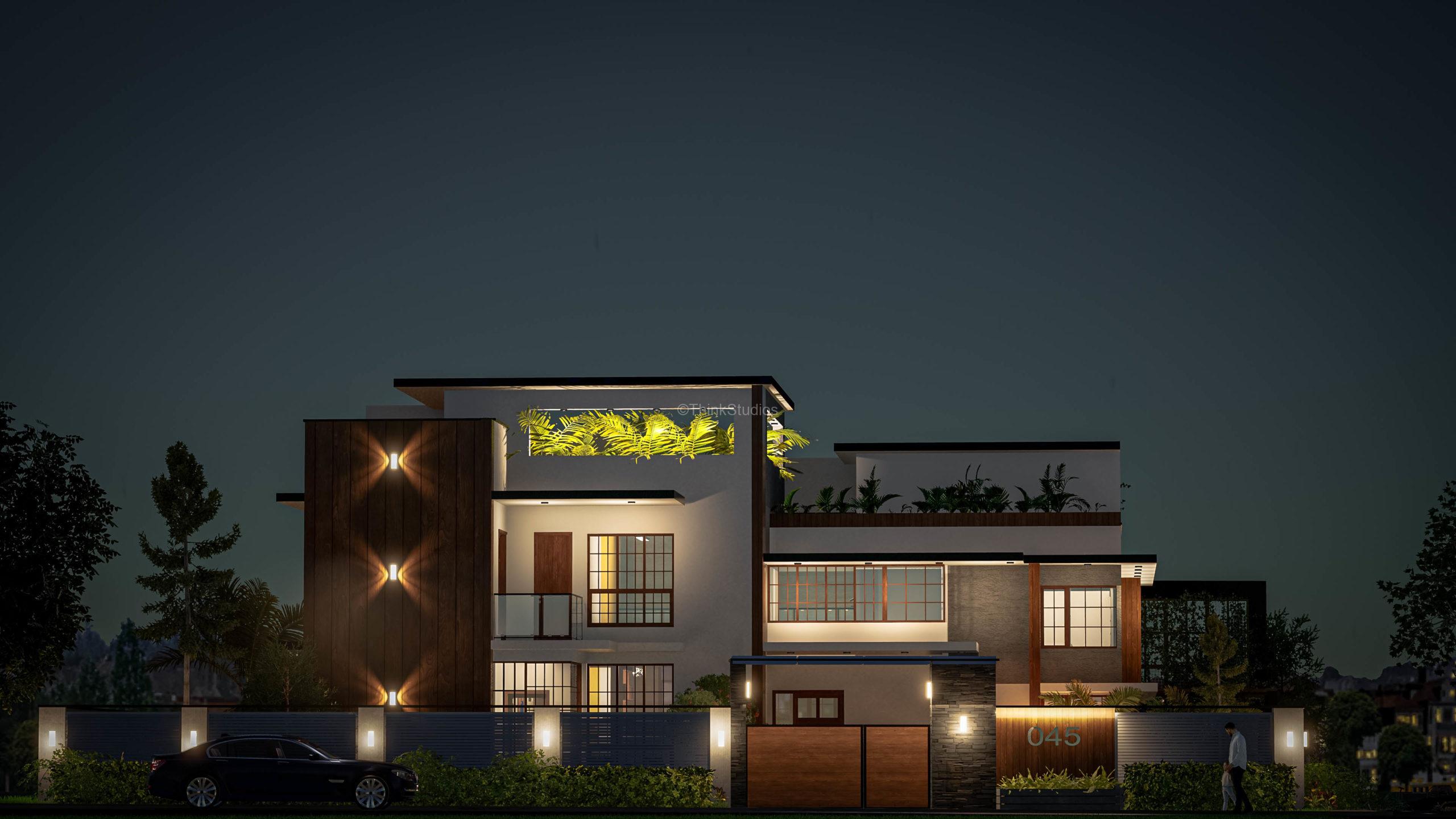 Architecture Design and Interior Design_Shuja Retreat_Vishakhapatnam_HYDERABAD_Facade Night_000 Villas Architectural designers in Hyderabad - Architecture Design and Interior Design_Shuja Retreat_Vishakhapatnam_HYDERABAD_Facade Night_000