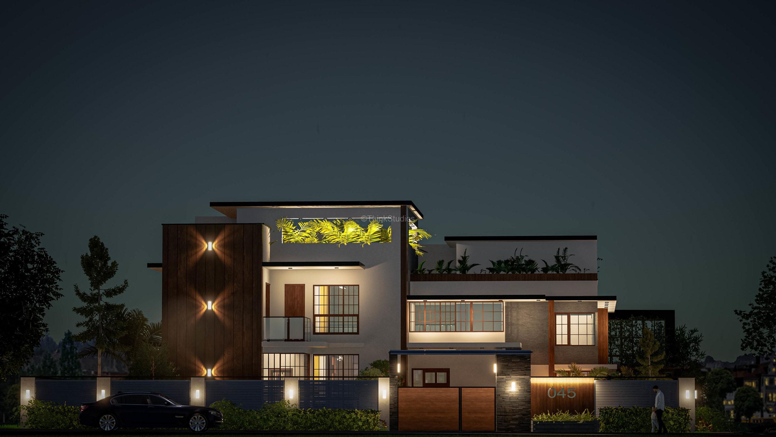 Villas Architectural designers in Hyderabad - Architecture Design and Interior Design_Shuja Retreat_Vishakhapatnam_HYDERABAD_Facade Night_000