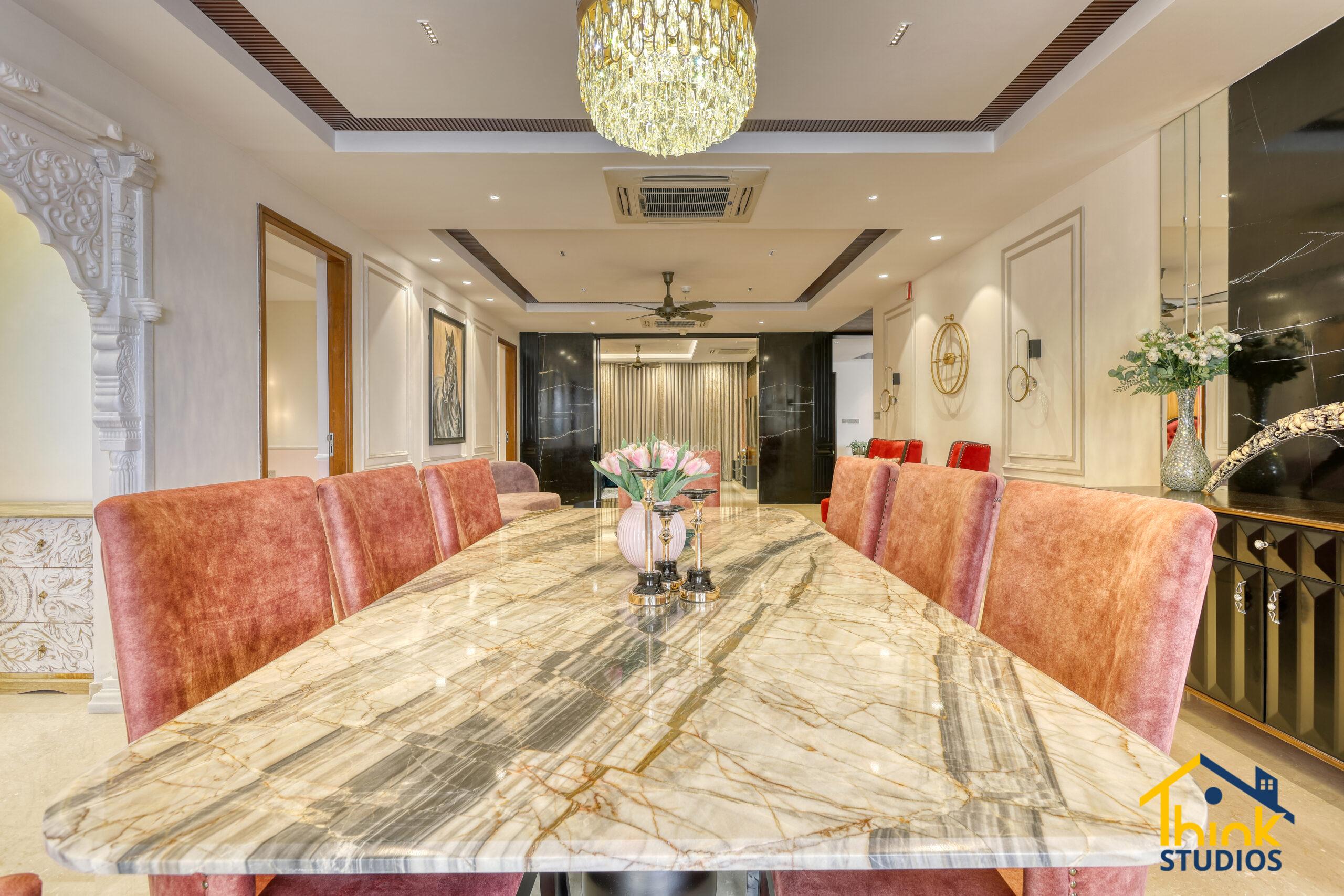 Luxury Dining Table Marble Dining table and custom chairs exude luxury while savoring meals.