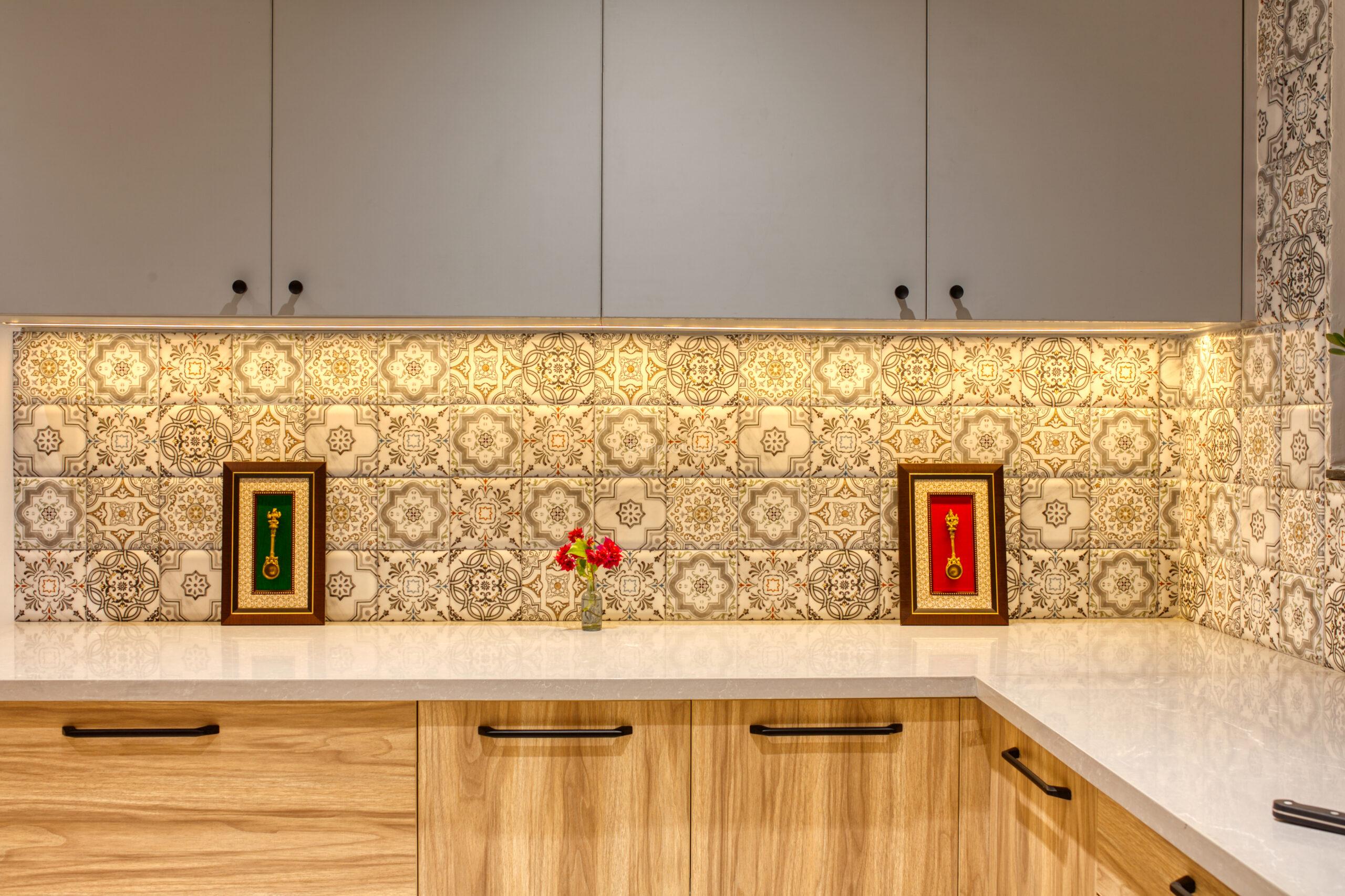 Kitchen with traditional style tiles contrasting against modern cabinetry.