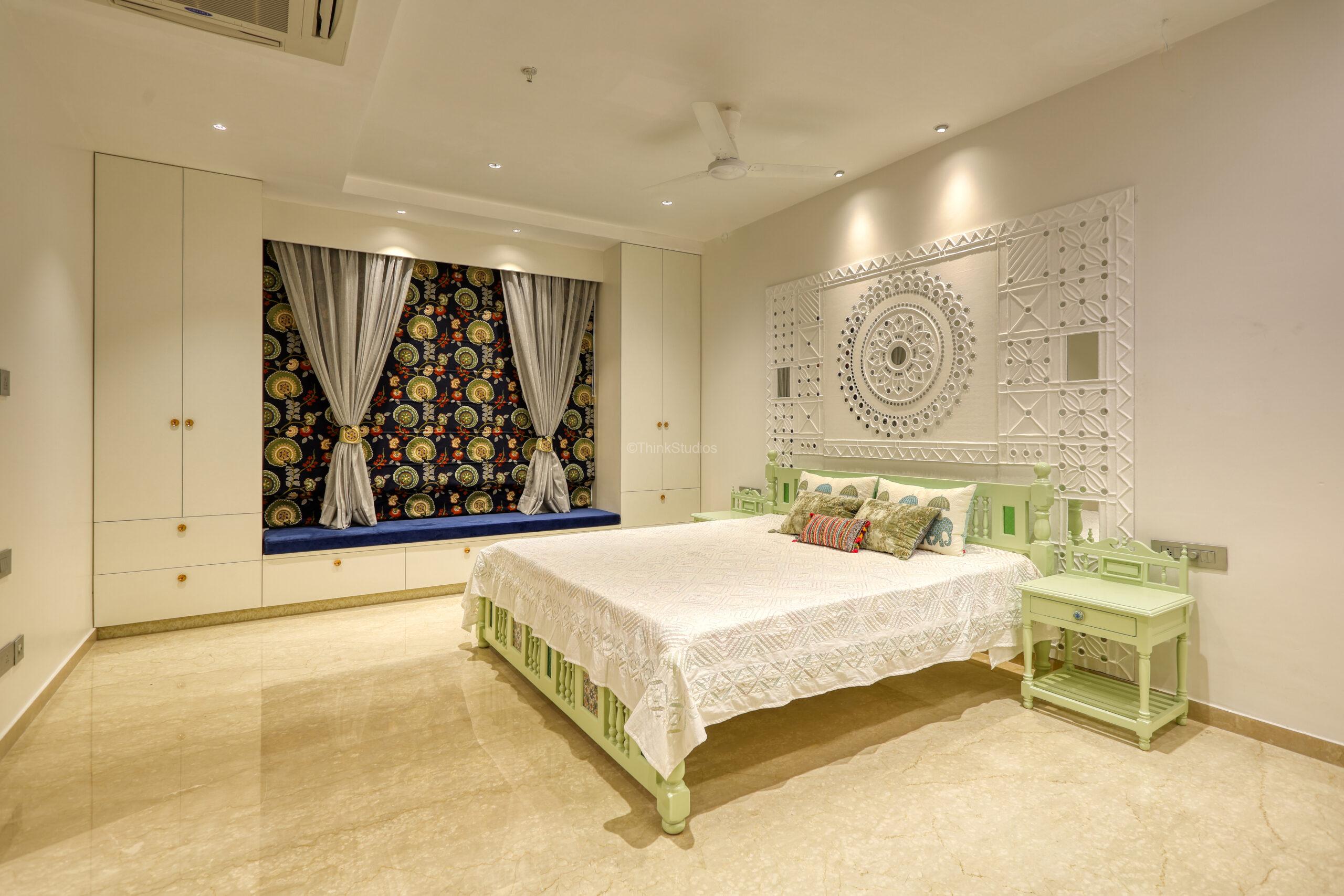 bedroom with lippan art and pastel shades
