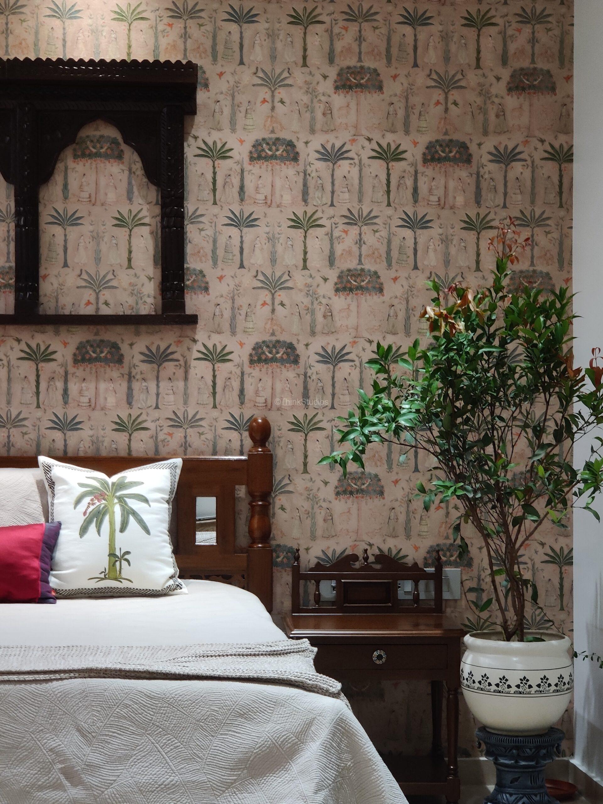 A Traditional Bedroom designed in dark, warm wood. Note the texture of the curtains and the plant adding life to the space.