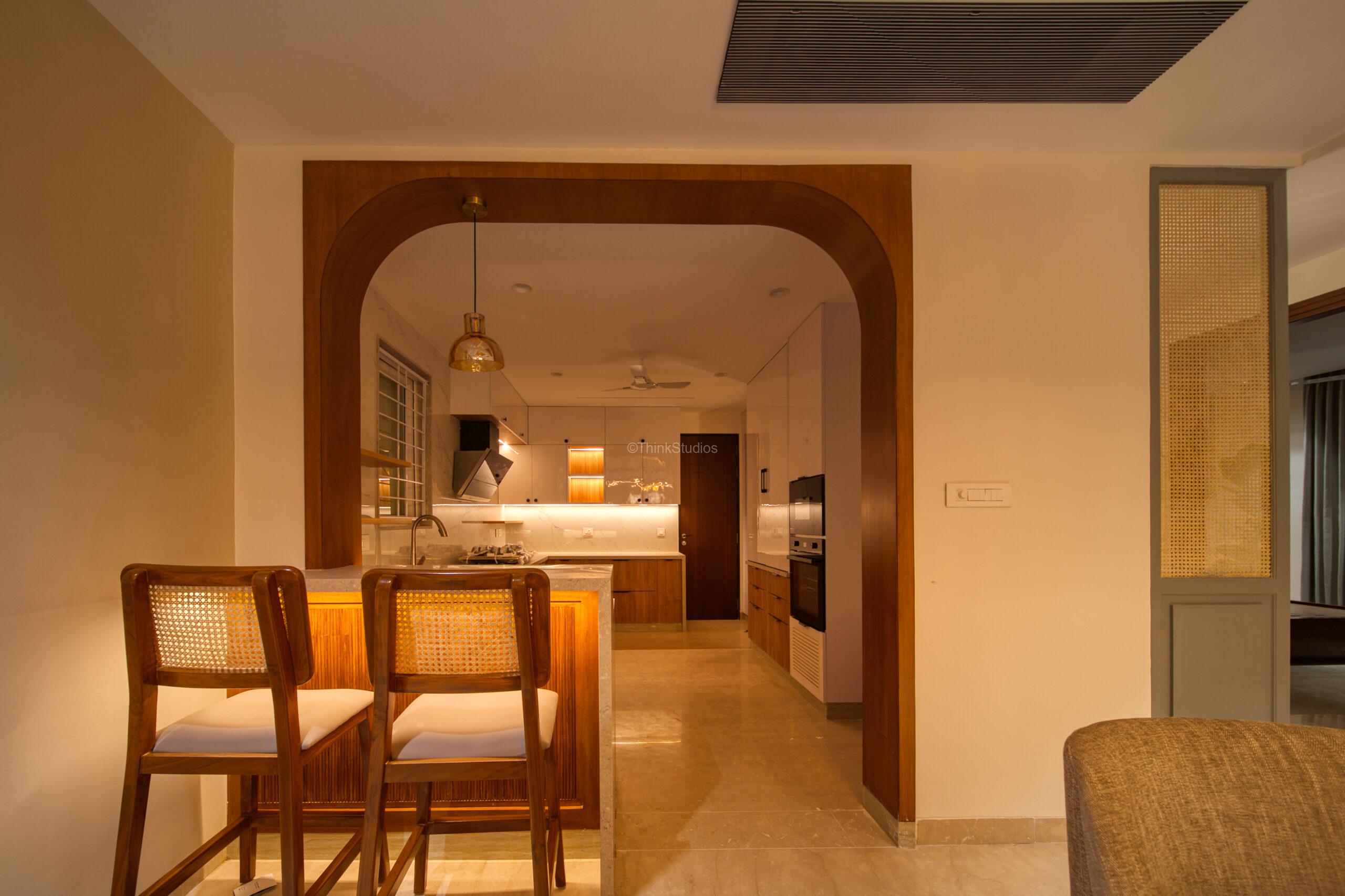 Island with custom furniture for personal meals next to the cook